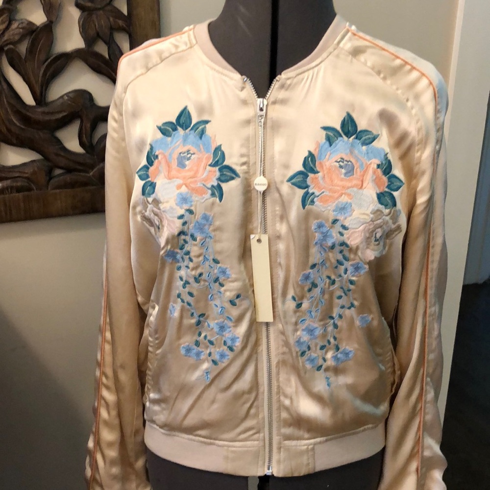 BLANK NYC Ladys Bomber Jacket Size S Blue and Pink Colored Roses Embroidered NWT